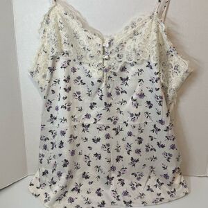 Y2K Style Satin Babydoll Cami Dainty Floral Print Lace Trim 90s Cottage Fairy